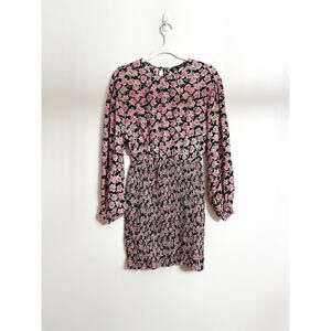 Zara‎ Pink Roses on Black Floral Mini Dress Smocked Skirt Puffy Long Sleeves XS